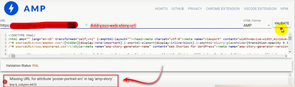 How To Solve Missing URL in HTML tag amp-story issue - check with amp validator